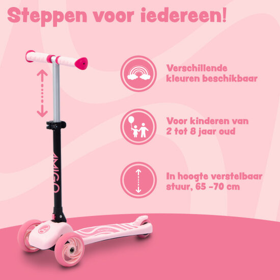 Amigo Twister Opvouwbare 3-Wiel Kinderstep Met Voetrem Roze lichtroze/roze lichtroze/roze